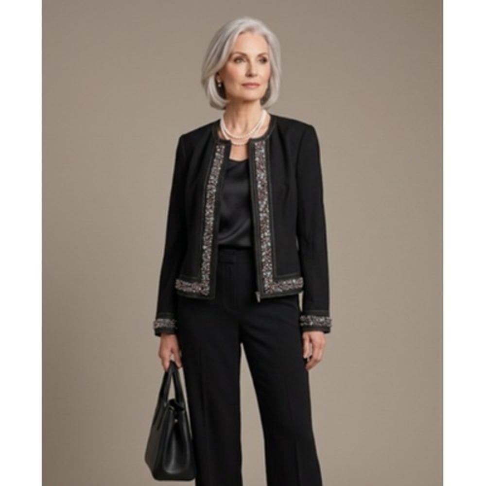 PETER NYGARD Black Tweed Blazer Jacket Womens M Beaded Rhinestone Lined